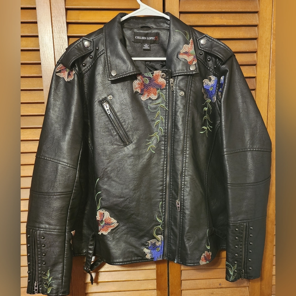 Colleen Lopez Faux Leather Jacket with Embroidered Flowers and front Zipper